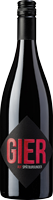 Eine schwarze Weinflasche mit einem glänzenden, schwarzen Schraubverschluss. Auf dem Etikett steht in großen roten Buchstaben -GIER- und darunter -AUF SPÄTBURGUNDER-.