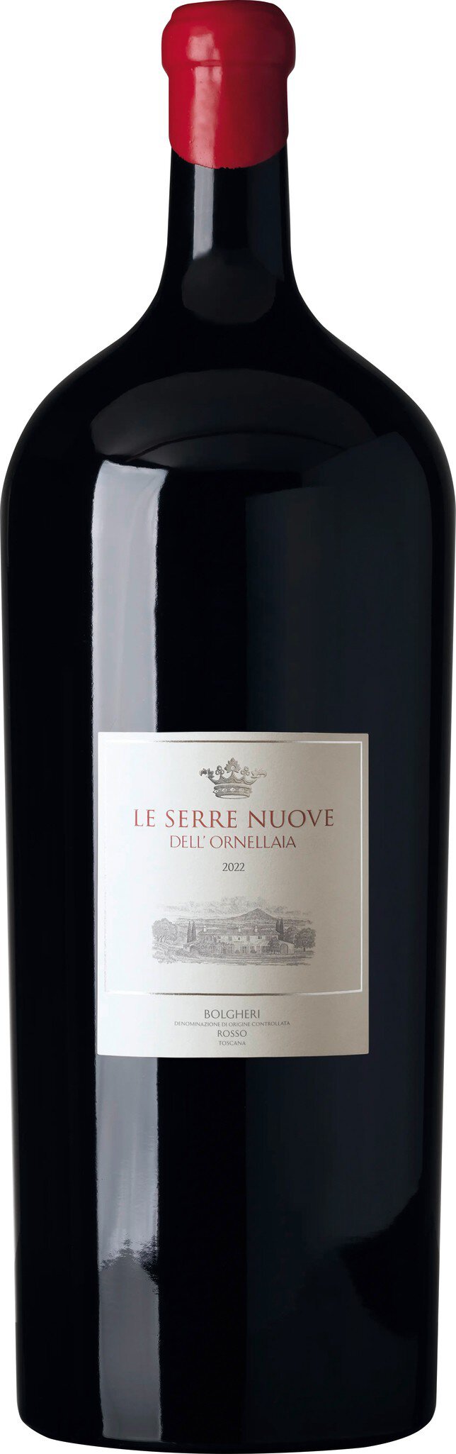 Eine große Flasche Rotwein steht aufrecht. Sie hat einen länglichen Körper und einen roten Korken. Auf der Vorderseite befindet sich ein Etikett mit einer neutralen Gestaltung.