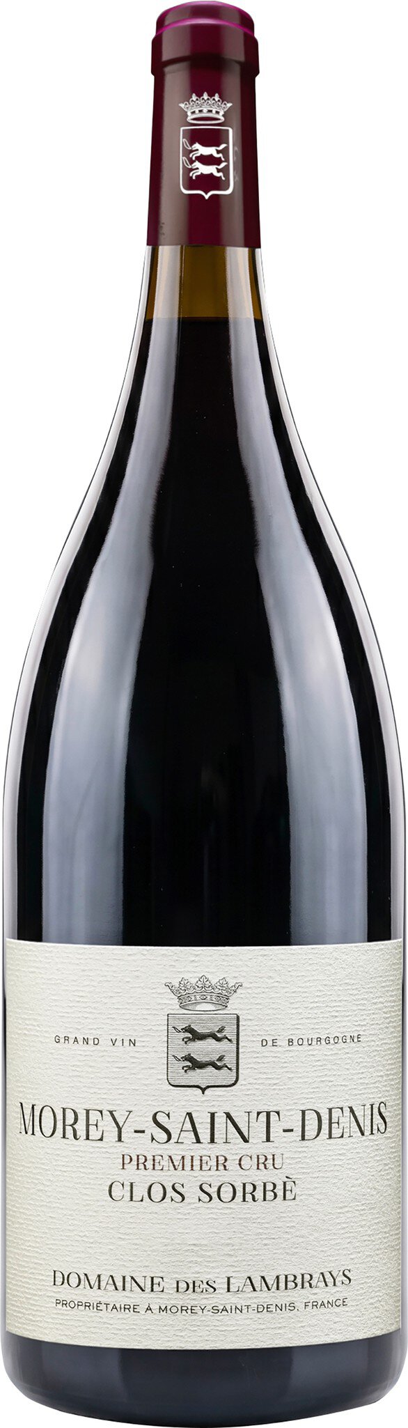 Eine große Flasche Rotwein steht auf einem neutralen Hintergrund. Das Etikett zeigt den Namen -Paul Jaboulet Aîné- und andere Details in eleganter Schrift.