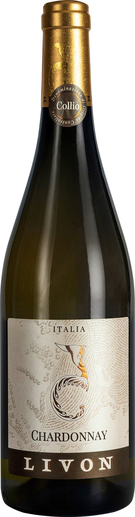 Eine Flasche Wein mit einer goldenen Kapsel, auf dem Etikett steht Schrift in eleganter Schriftart. Die Flasche steht auf einem neutralen Hintergrund und scheint Licht zu reflektieren.