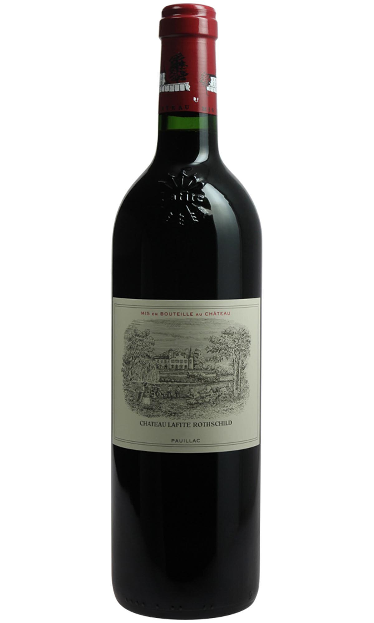 Eine Weinflasche mit einem roten Kapselverschluss steht aufrecht. Die Flasche ist dunkelrot, und das Etikett zeigt Schriftzüge sowie eventuell ein Wappen oder Bild. Der Hintergrund ist neutral.