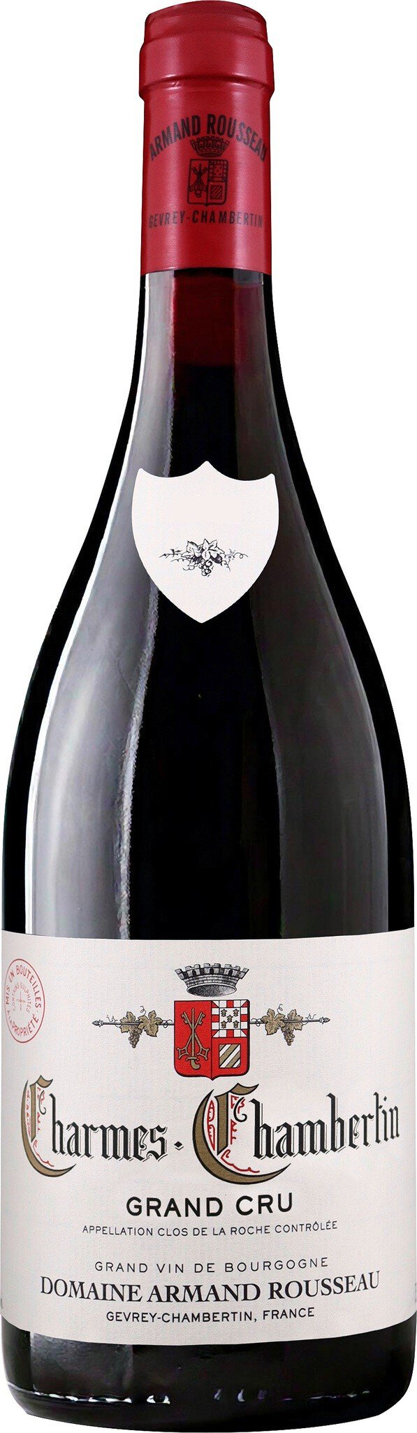 Eine Flasche Rotwein mit einem roten Korken und einem weißen Etikett. Das Etikett enthält den Namen des Weins sowie ein Wappen. Die Flasche ist dunkel und hat eine elegante Form.